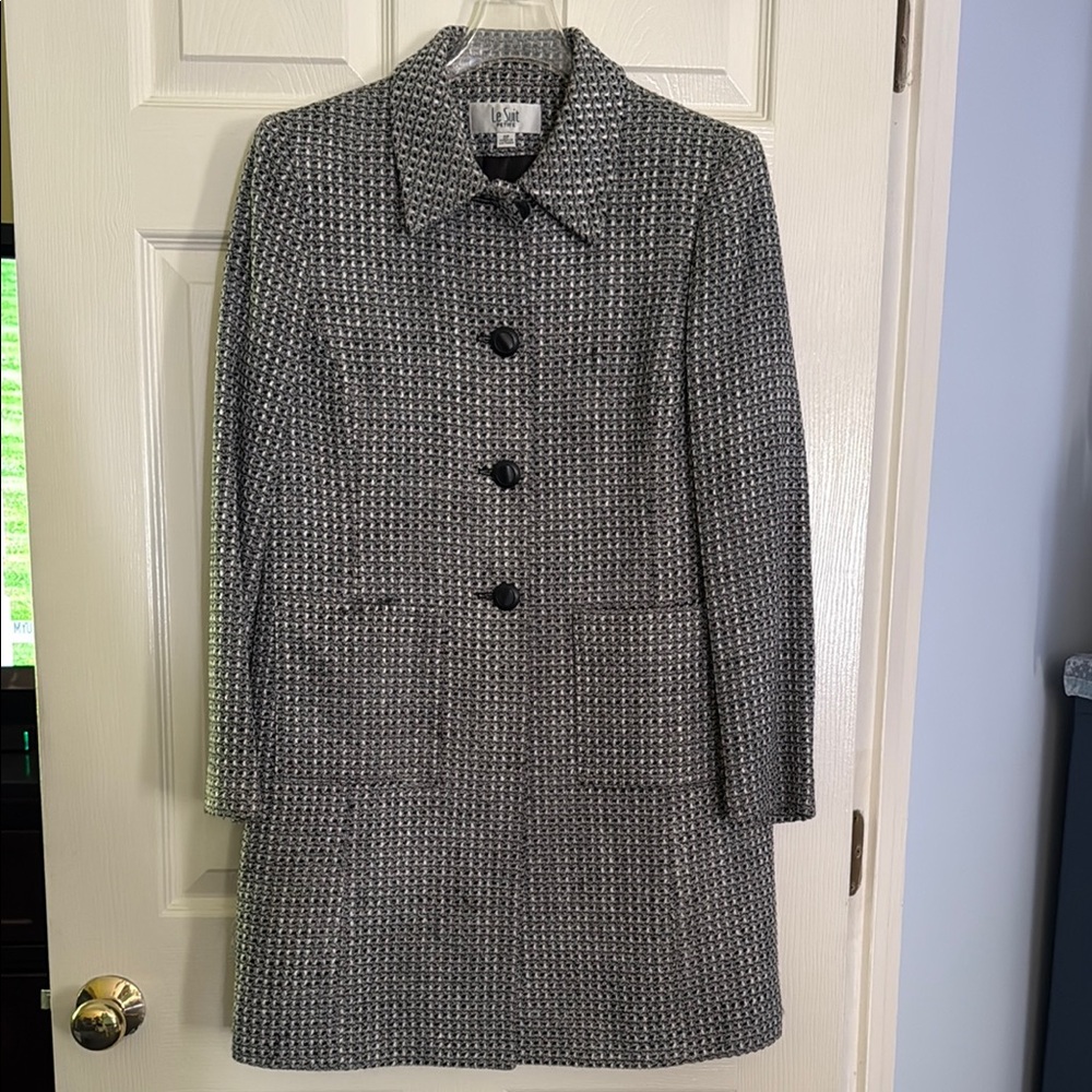 Le Suit Petite Black and Gray Trench Coat & Skirt Timeless Elegance